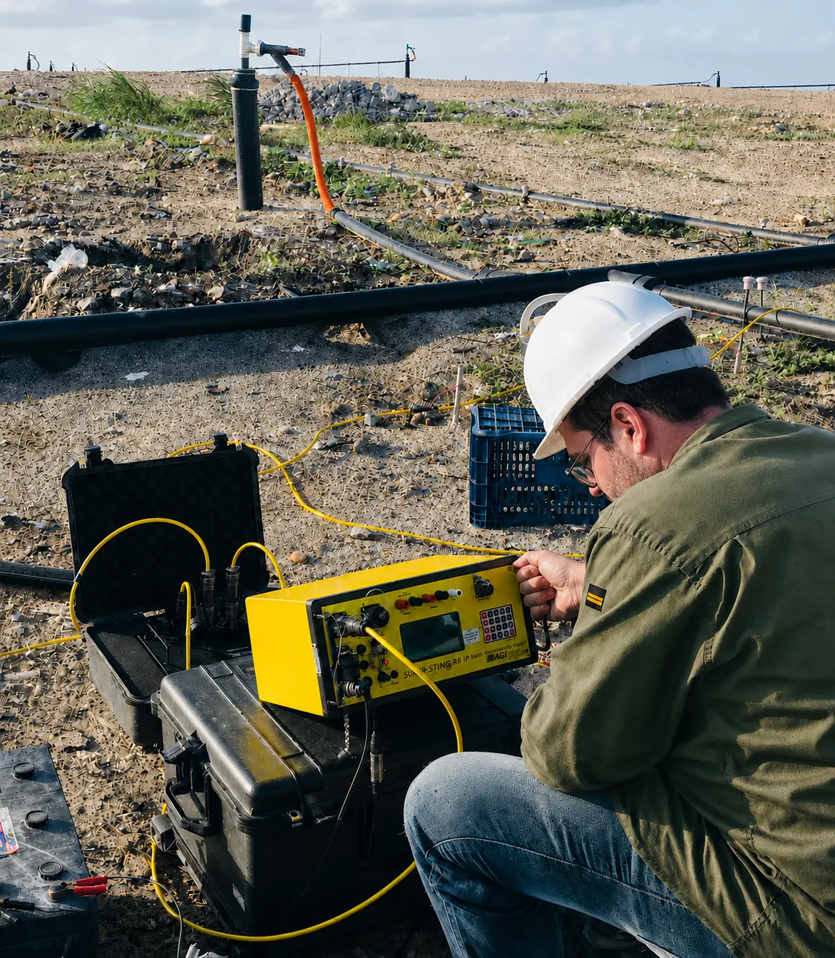 Geophysicist configuring electrical resistivity and induced polarization survey equipment in the field