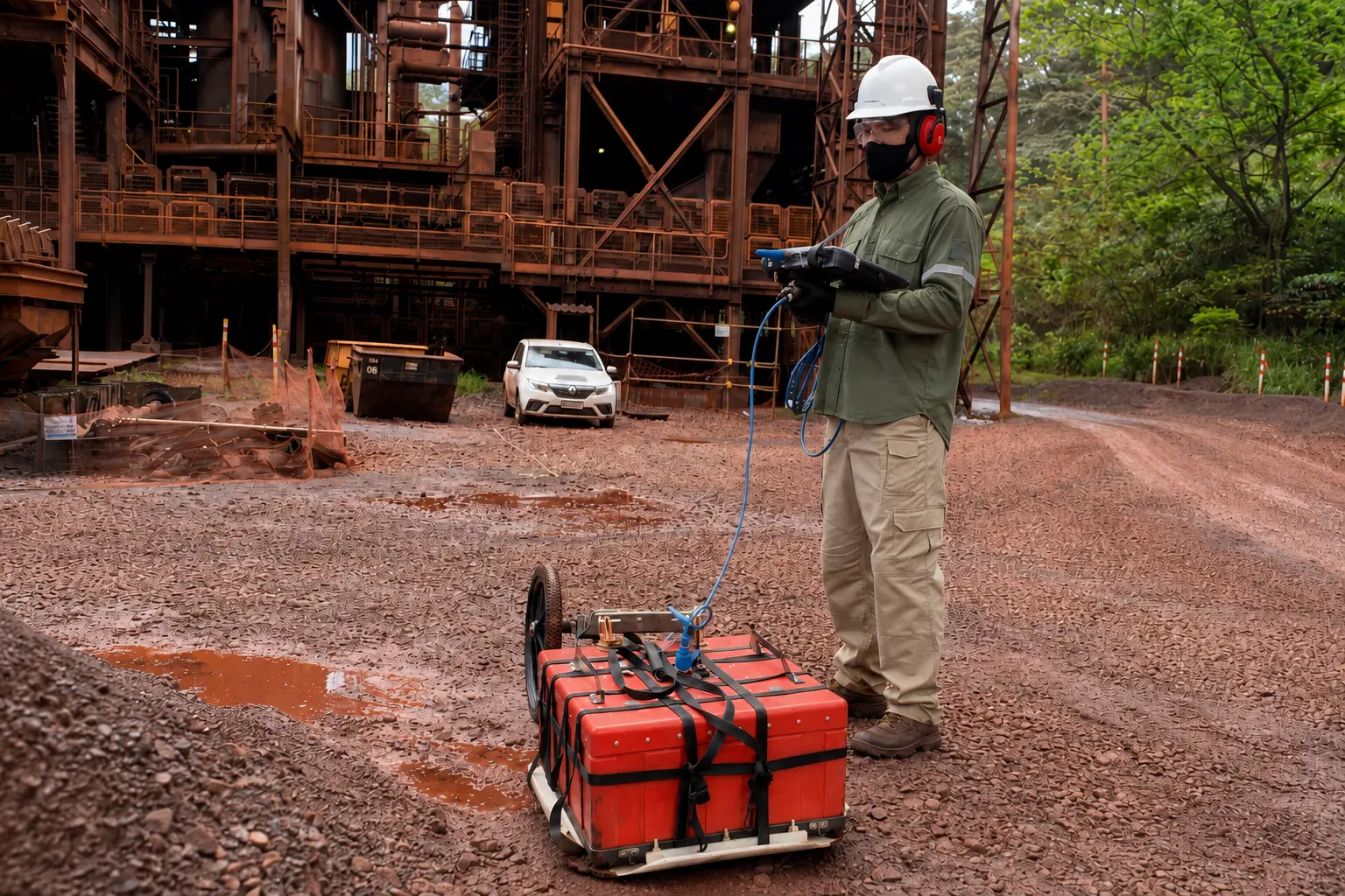 Geophysicist wearing a J.W. Castle Geoscience field uniform while operating ground-penetrating radar equipment at an industrial facility