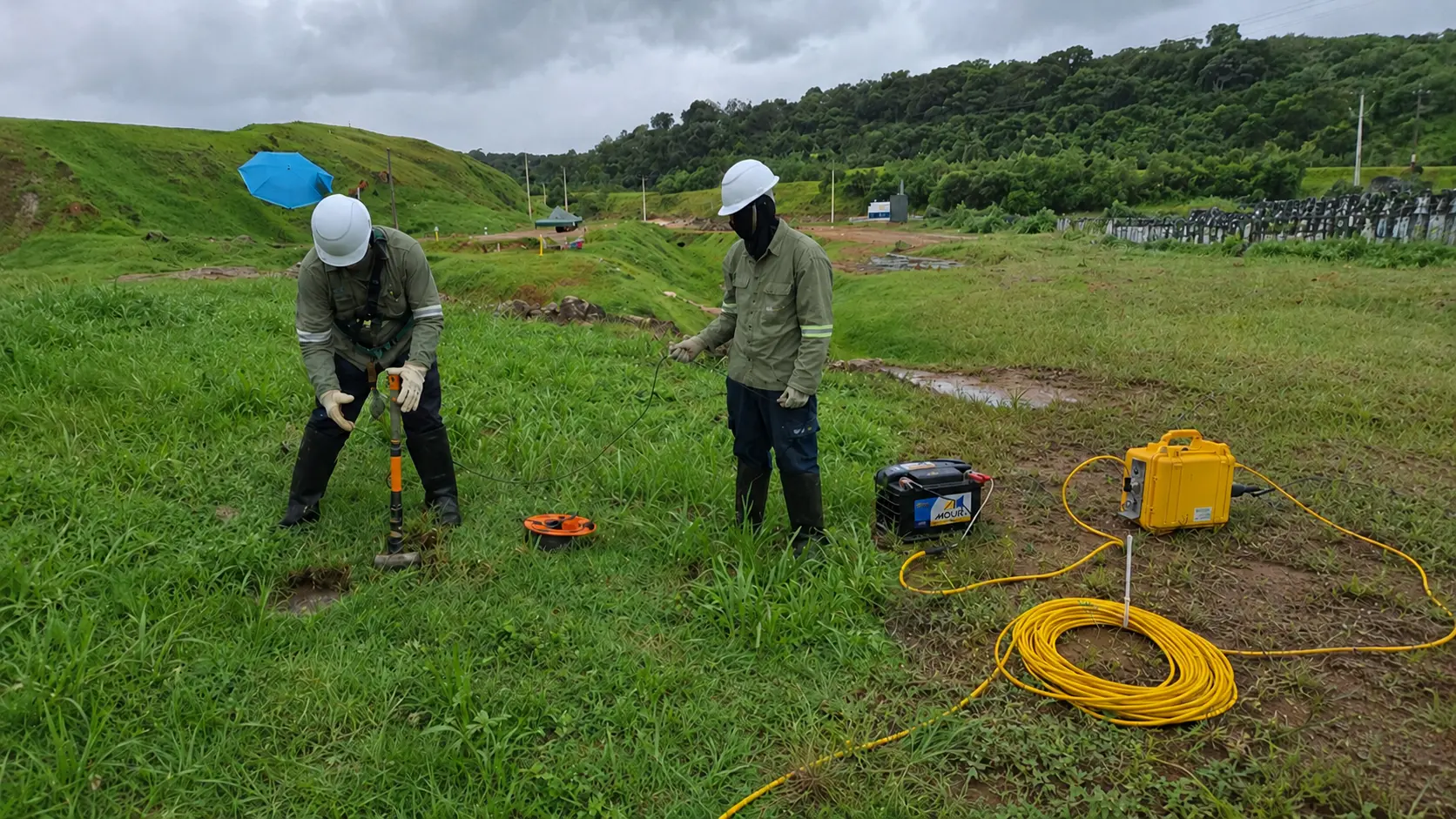 Field crew conducting seismic refraction and MASW data acquisition with a seismograph, cables and impact source