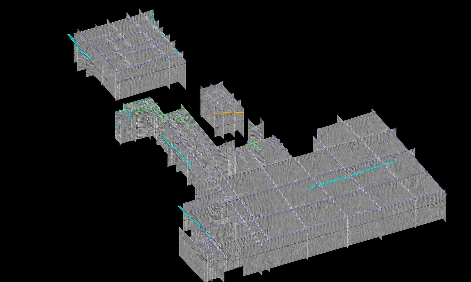 Clean three-dimensional framework composed of multiple ground-penetrating radar profiles on a black background