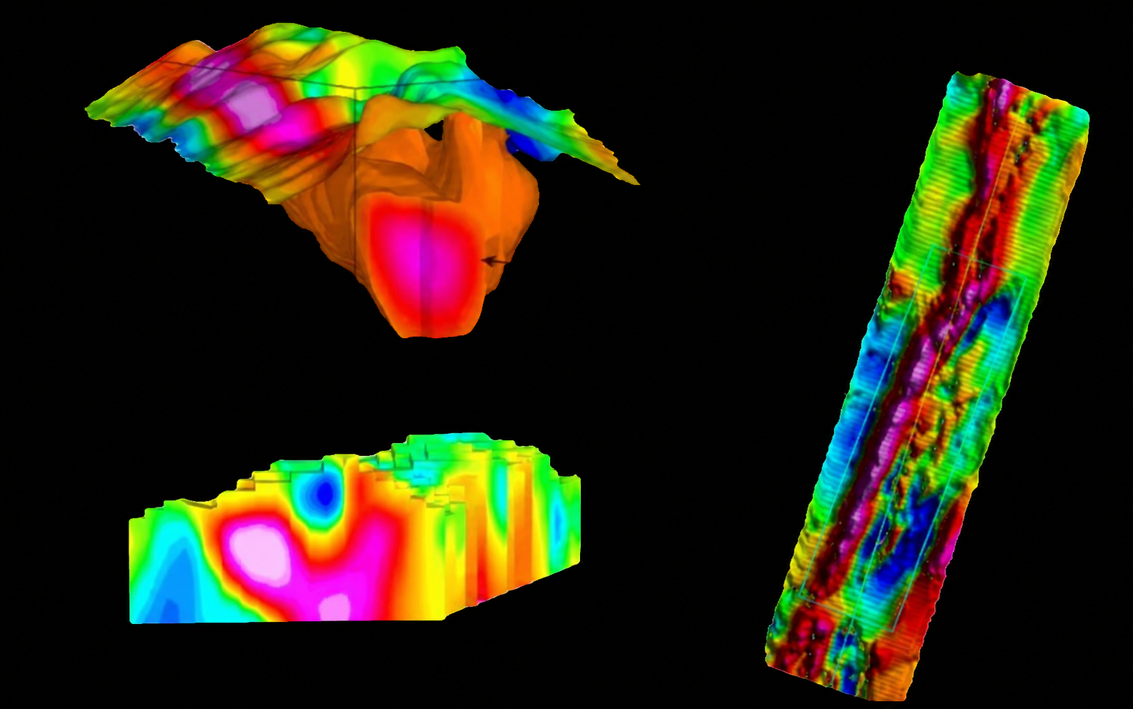Clean magnetic anomaly and three-dimensional subsurface target geometries on a black background